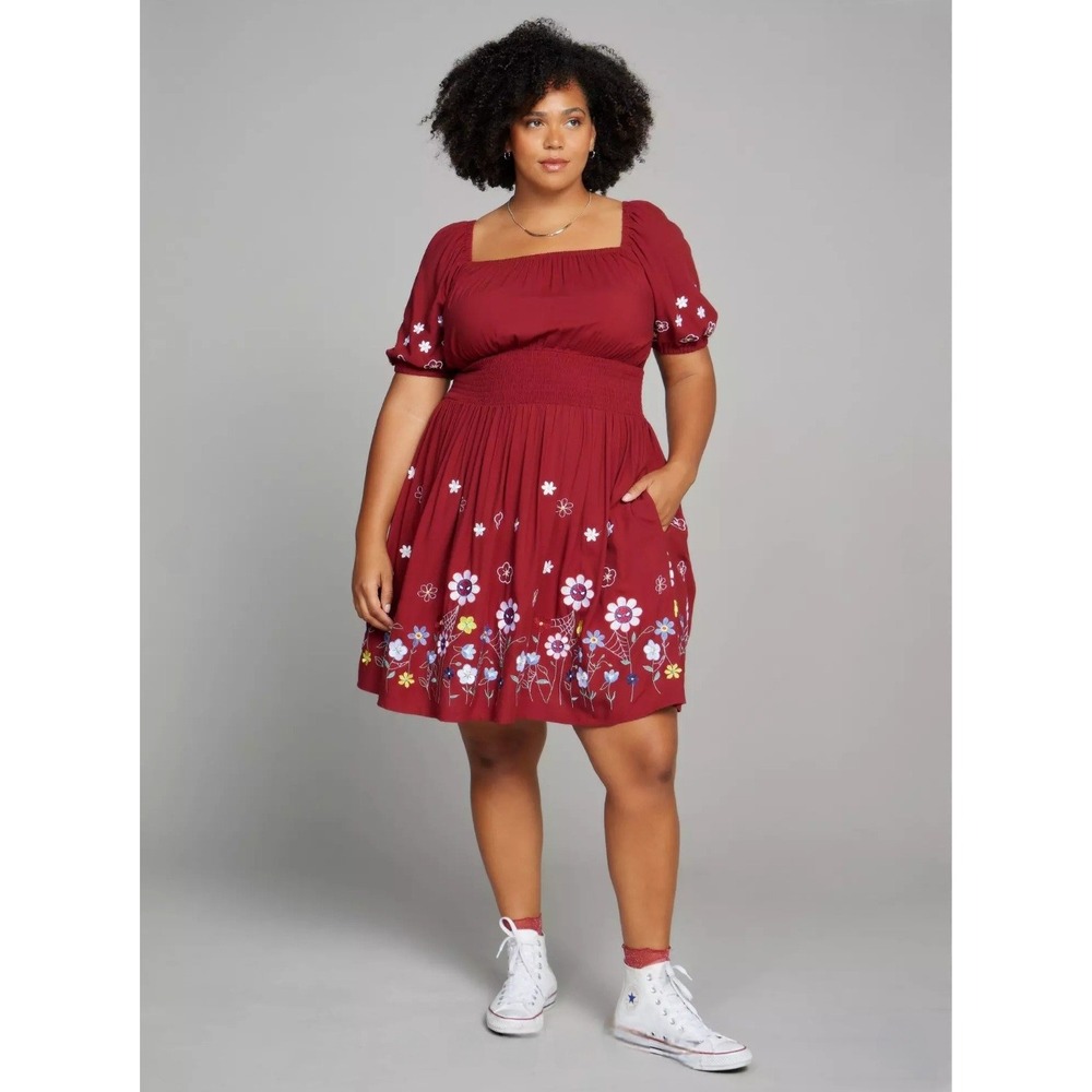 Marvel Spider-Man Embroidered Floral Smocked Waist Dress Burgundy Sz Plus 3X